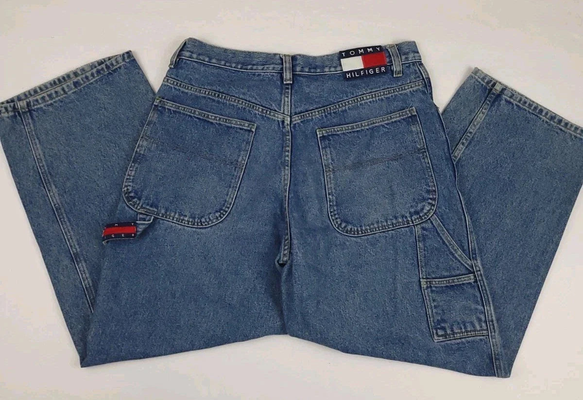 Vintage T-H Baggy Carpenter Jeans Flag Logo USA Denim