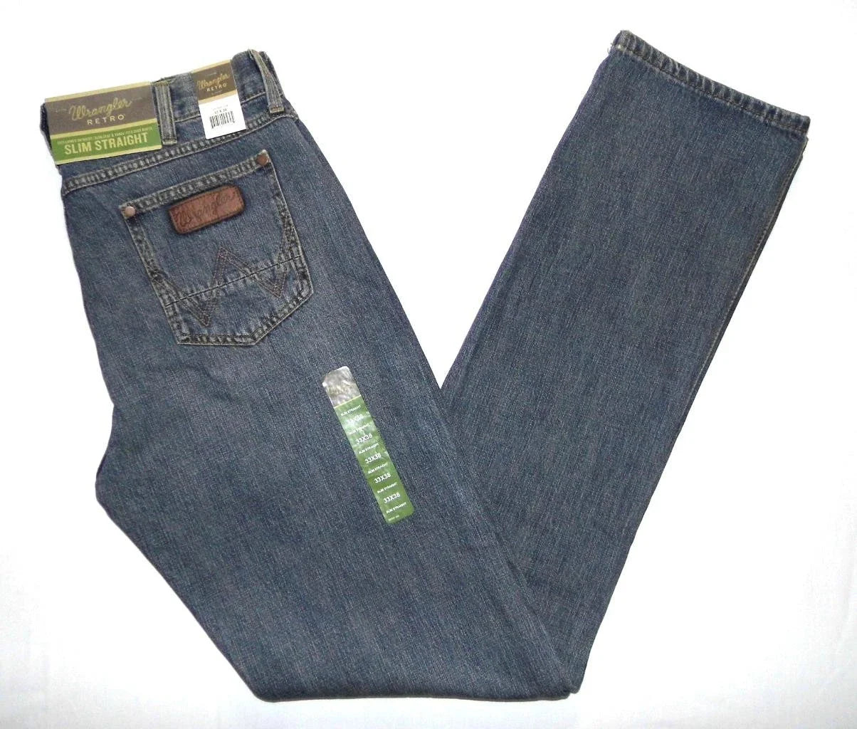Wrangler NEW Retro Slim Straight Fit Jeans Blue Denim